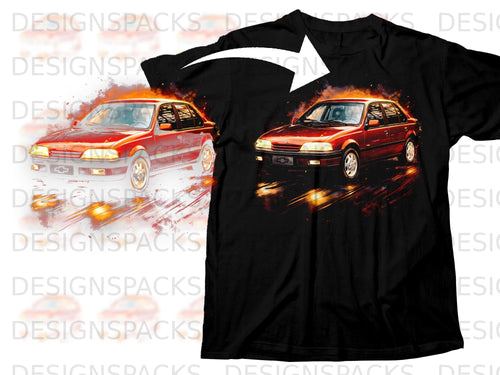 Black t-shirt with red car graphic and fiery motion streaks.