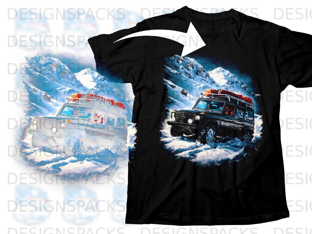 Black t-shirt with graphic of a black SUV driving through snow-covered mountains.