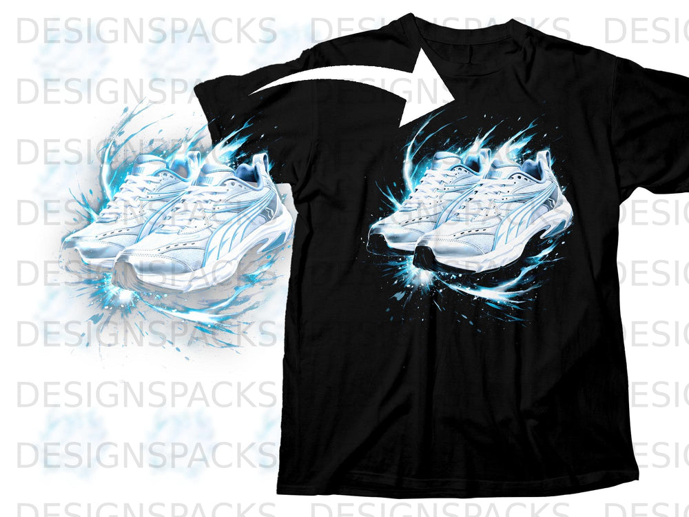 Black t-shirt with a graphic of white sneakers surrounded by blue splashes.