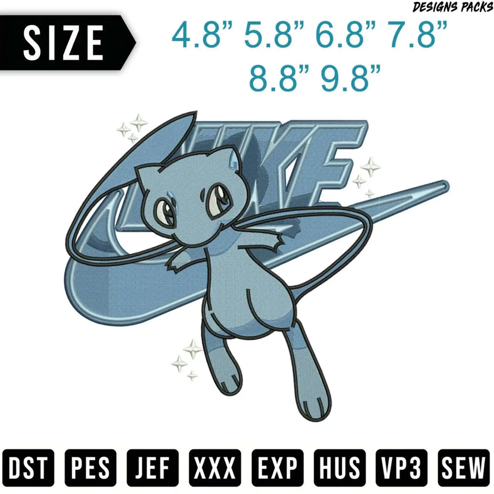 Mew embroidery design with Nike-style swoosh and size options.