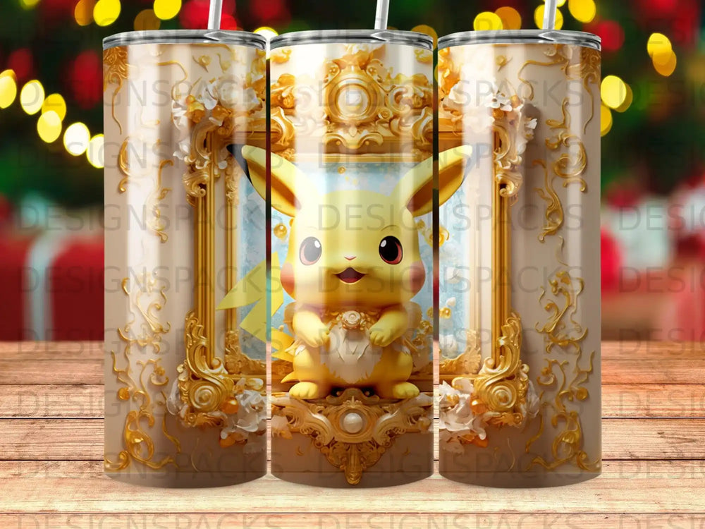Pikachu in a golden ornate frame, on a tumbler design.