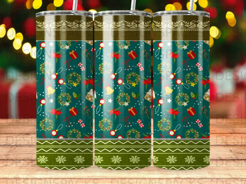 Christmas pattern tumbler with red, green, gold, and white holiday elements.