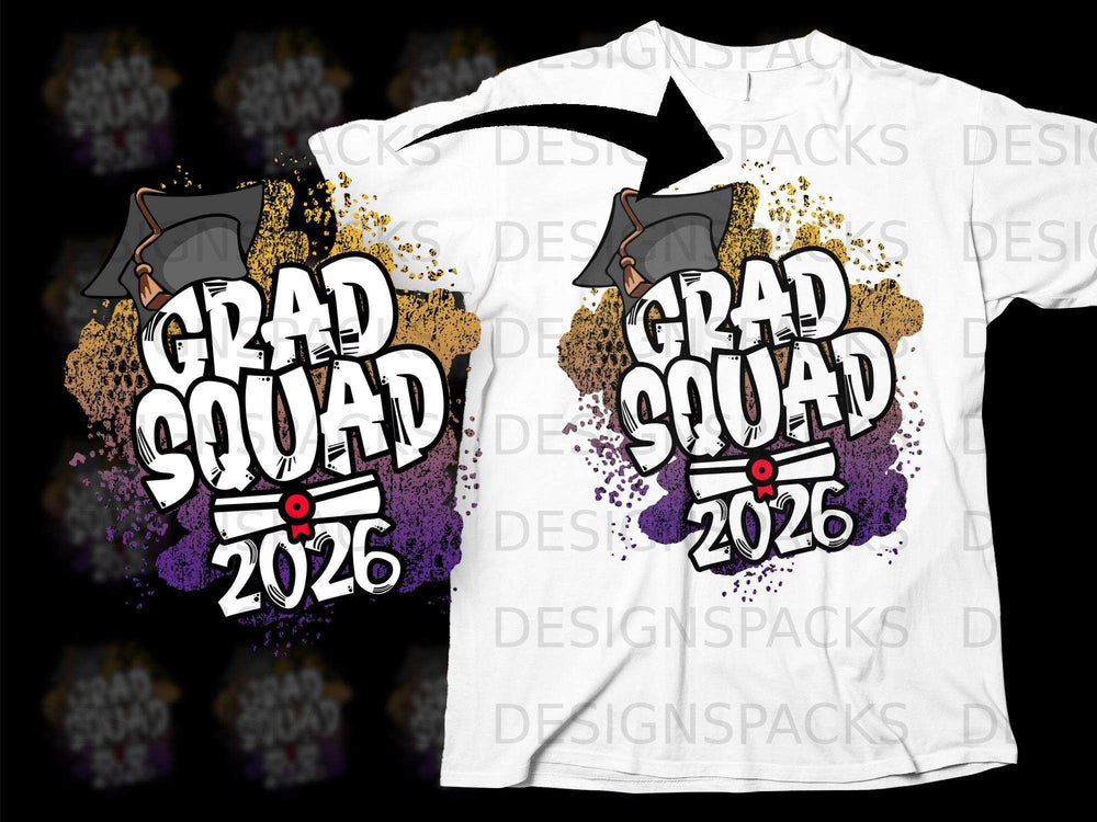 Grad Squad 2026 graphic with graduation cap and diploma on a white t-shirt.