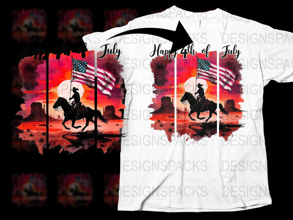 Patriotic 4th of July T-Shirt, American Flag Horse Rider, Red Watercolor Print, Independence Day Apparel, Unisex Adult Clothing