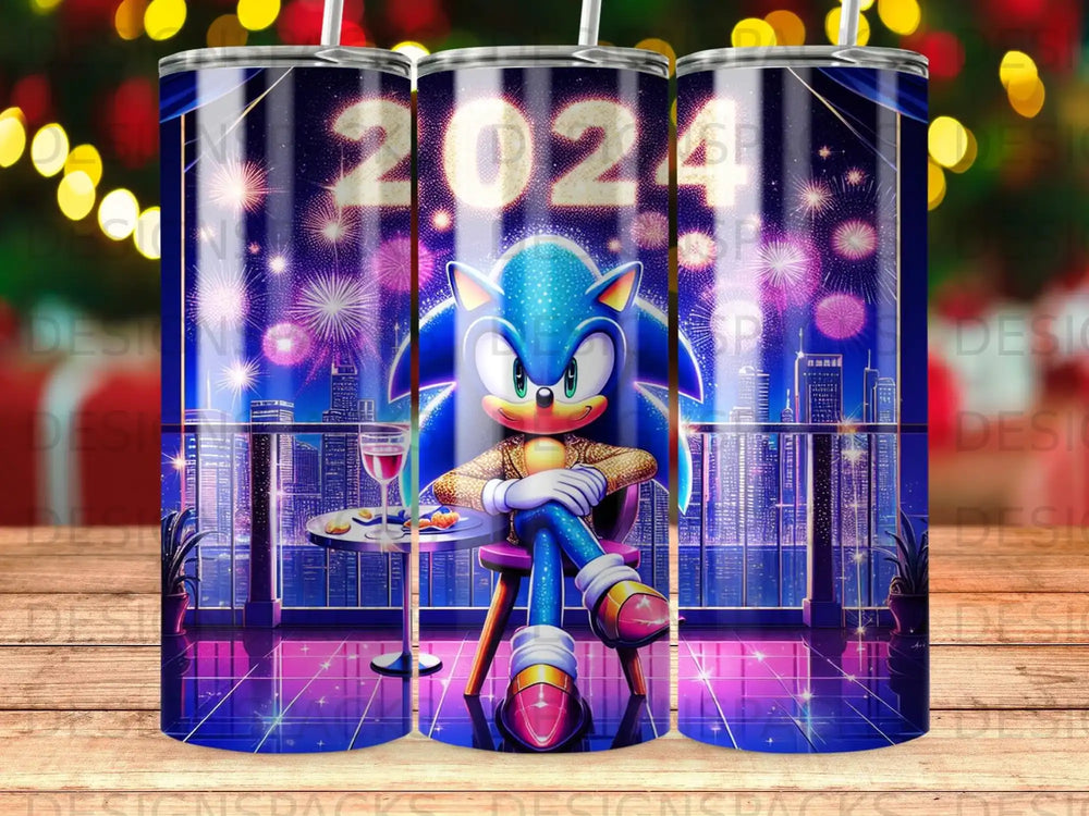 Sonic the Hedgehog sits at a table with a drink, fireworks in the background.