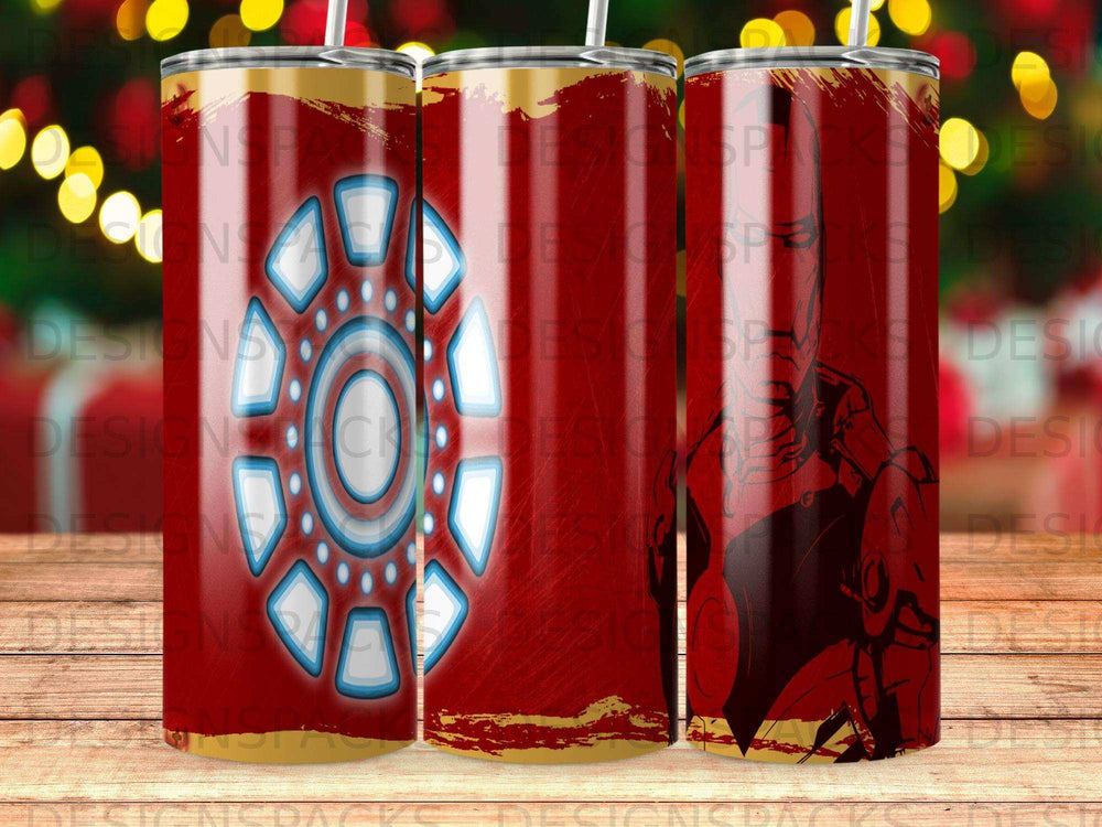 Iron Man arc reactor on a red and gold cylindrical tumbler.