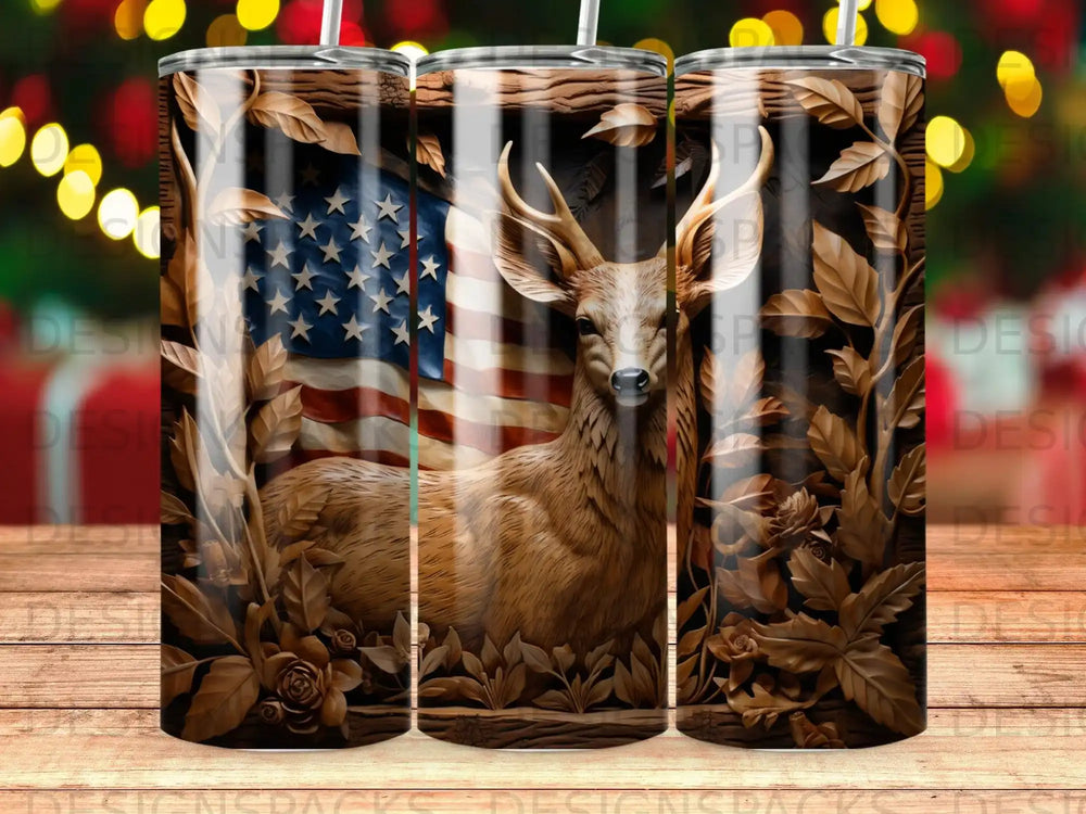 Deer and American flag design on a tumbler.