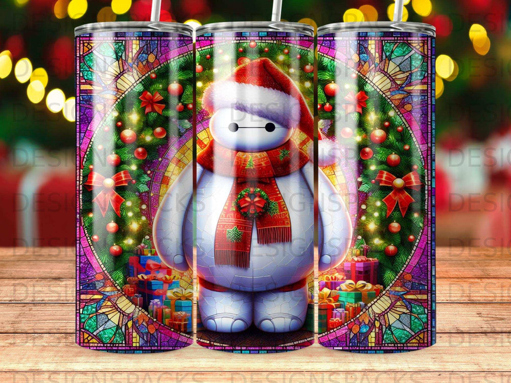 Baymax wearing a Santa hat and scarf, surrounded by gifts and stained glass.