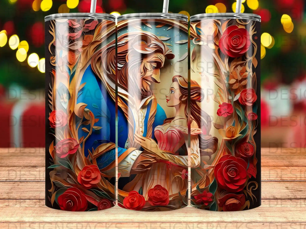 Beauty and the Beast characters Belle and Beast embrace surrounded by red roses.