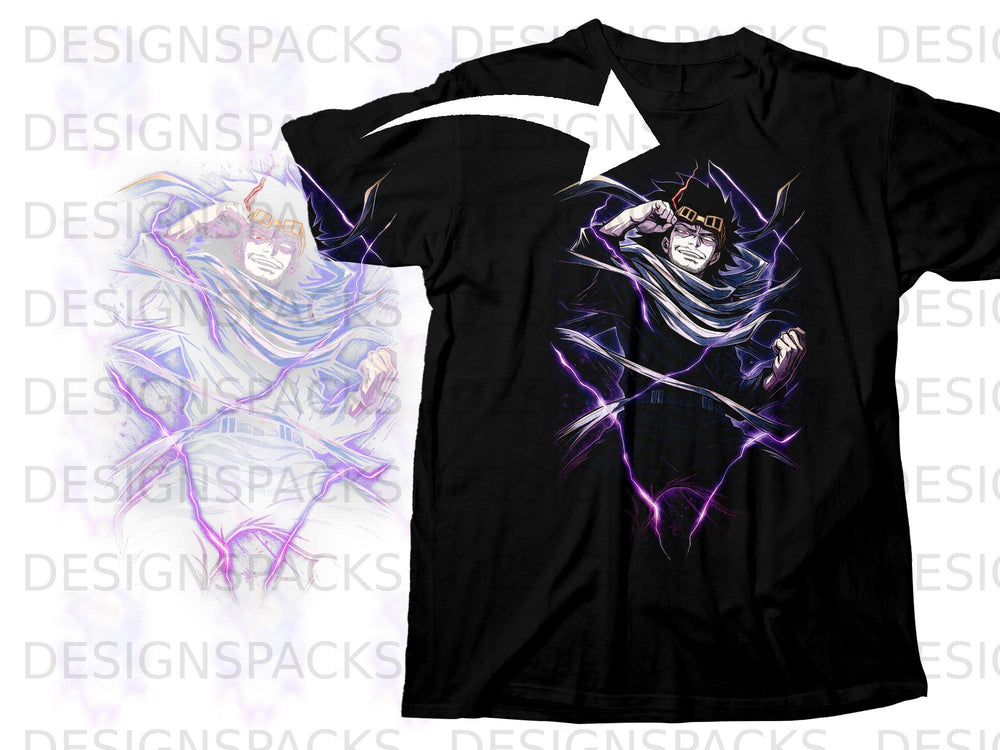 Black t-shirt featuring anime character design with purple lightning effects.