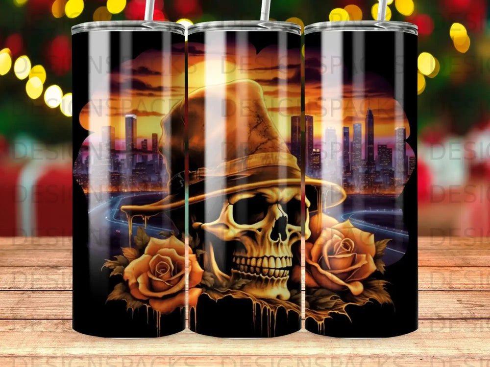 Skull wearing a hat with roses and cityscape at dusk.