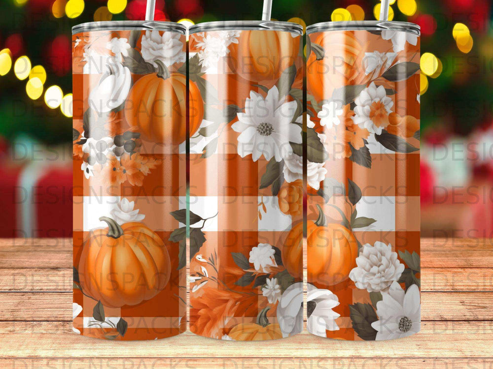 Orange and white gingham with pumpkins and floral accents.