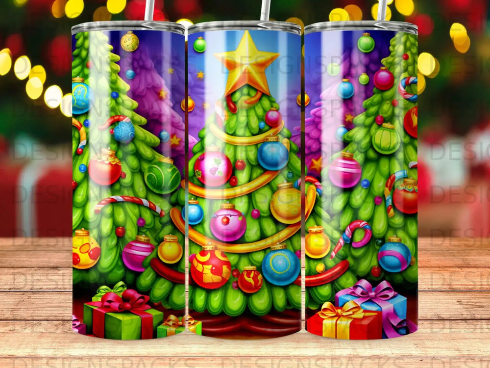 Festive Christmas tree with ornaments and gifts, on a tumbler.