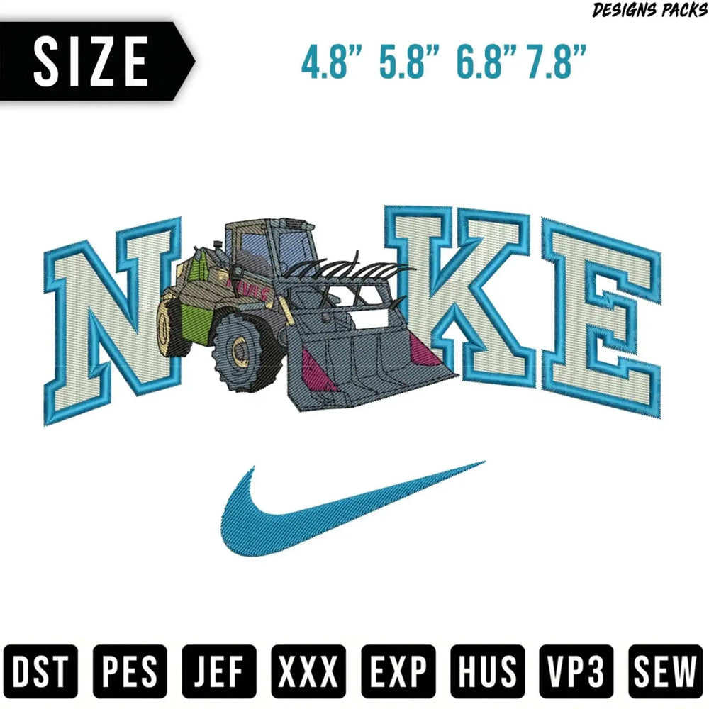 Nike logo with a bulldozer in the "N" and sizes listed.