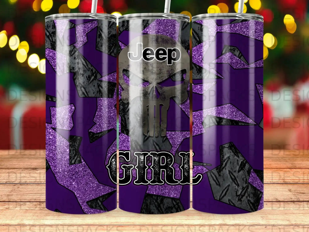 Purple camouflage tumbler with Jeep and Punisher skull graphic.