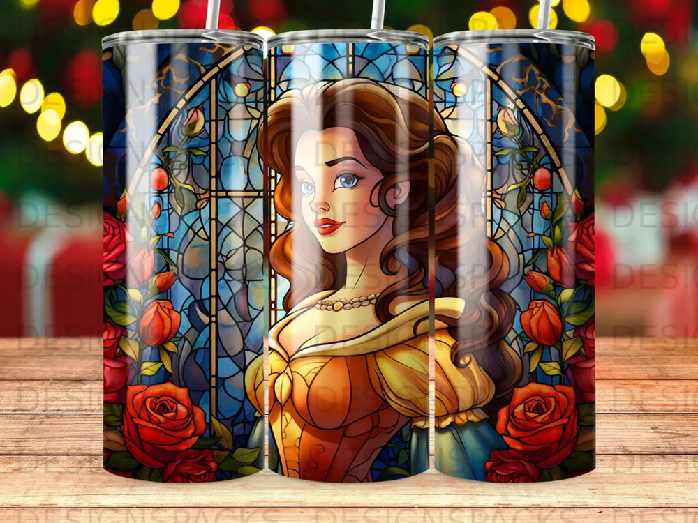 Belle from Beauty and the Beast with stained glass and roses.