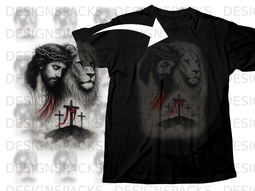 Black t-shirt with a graphic of Jesus and a lion, and three crosses.