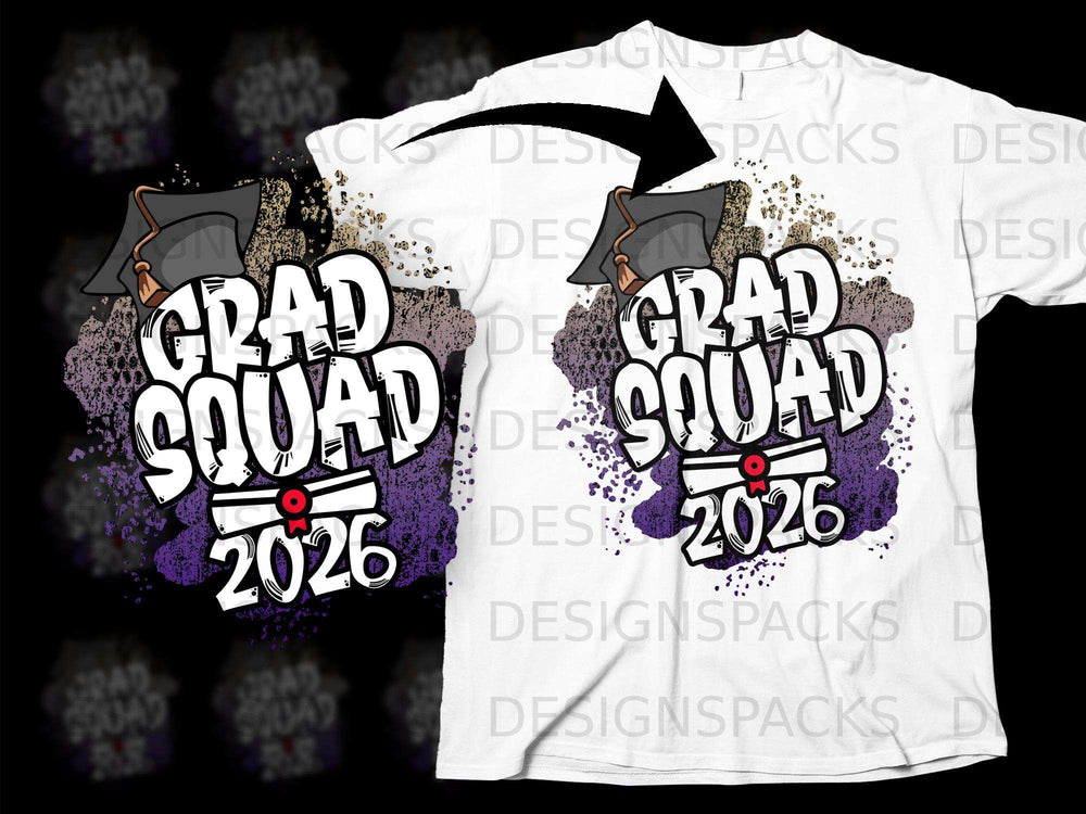Grad Squad 2026 graphic with graduation cap and scroll on a white t-shirt.