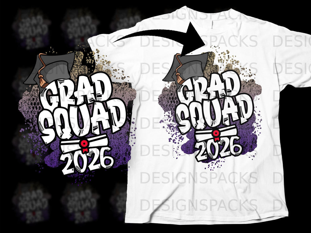 Grad Squad 2026 graphic with graduation cap and scroll on a white t-shirt.