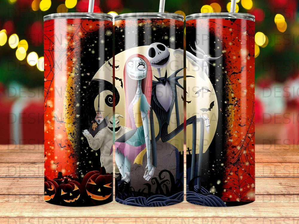 Jack Skellington and Sally from The Nightmare Before Christmas on a Halloween tumbler.