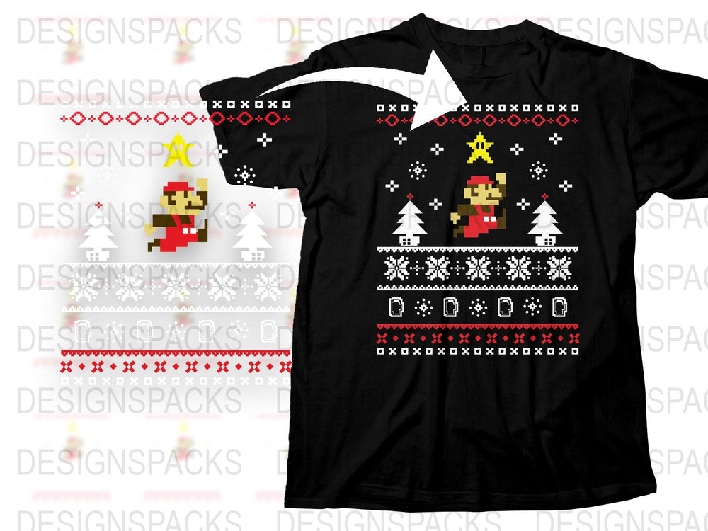 Retro Pixel Art Christmas T-Shirt, 8-Bit Video Game Style Holiday Apparel, Unisex Black Tee with Festive Design.