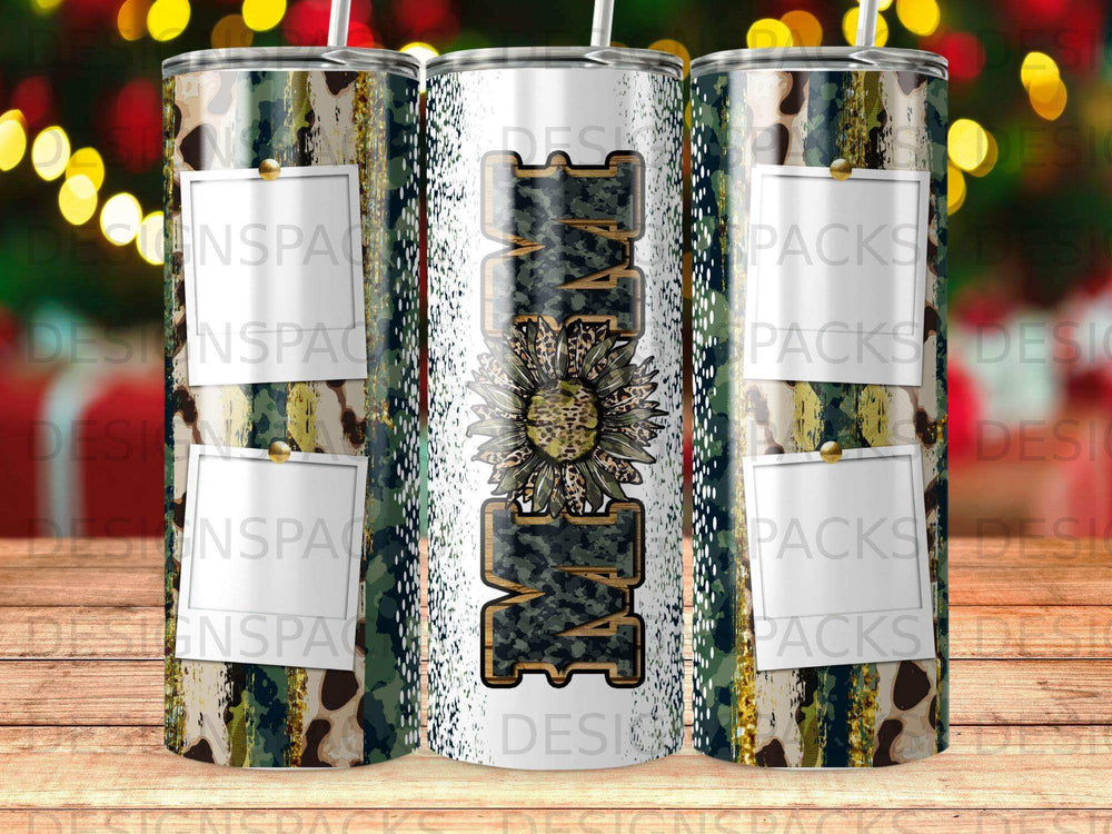 Tumbler with "MOM" text featuring a sunflower and camouflage pattern.