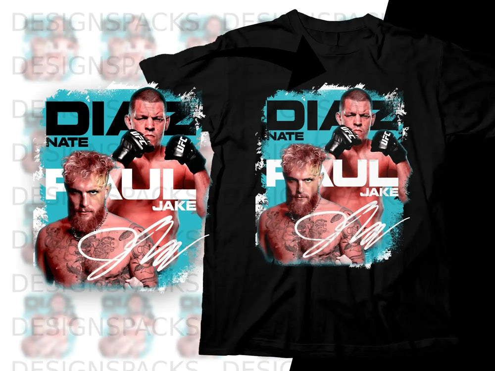 UFC fighters Nate Diaz and Jake Paul on a black t-shirt design.