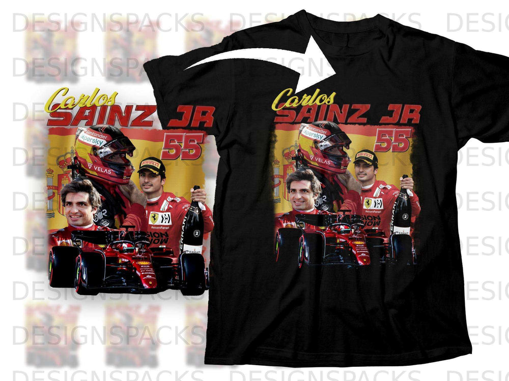 Carlos Sainz Jr. and Ferrari F1 car, "Sainz 55" graphic on black t-shirt.