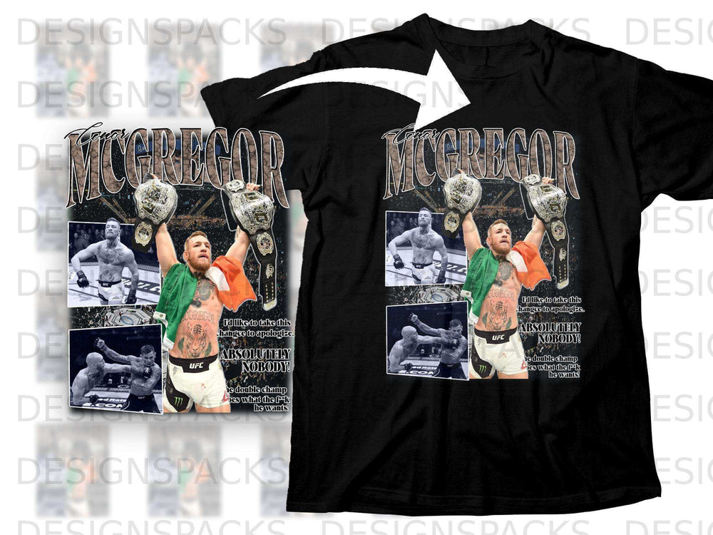 Conor McGregor t-shirt with "Absolutely Nobody!" and fighter imagery.