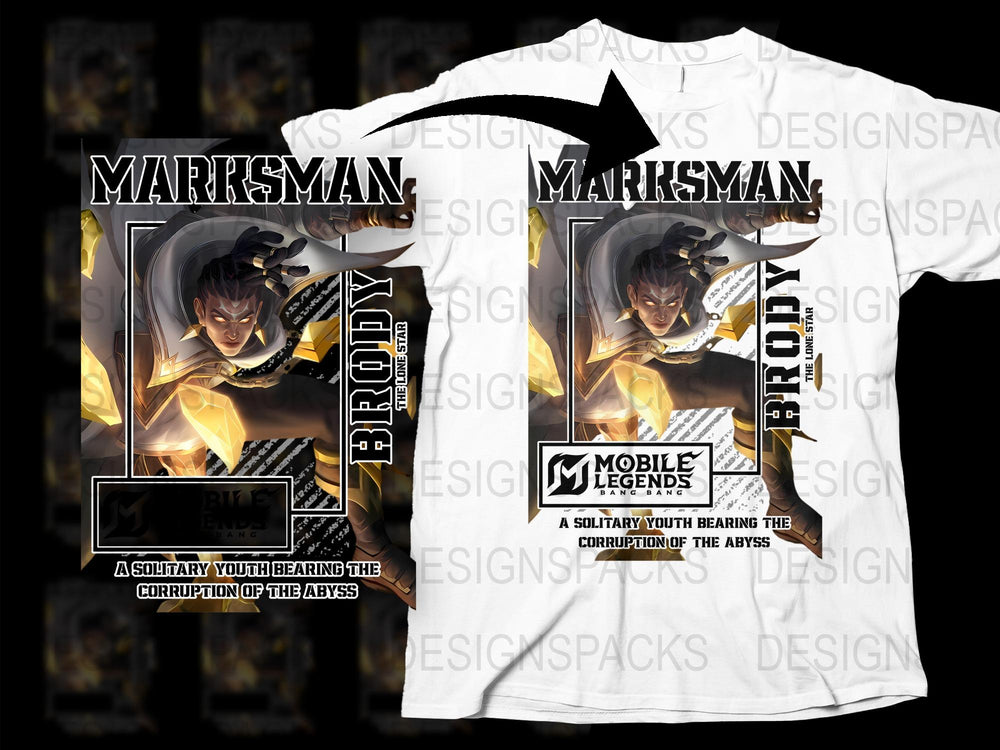 Mobile Legends Marksman Brody T-Shirt, Gaming Graphic Tee, Youth Inspired Design, Fire Element Artwork