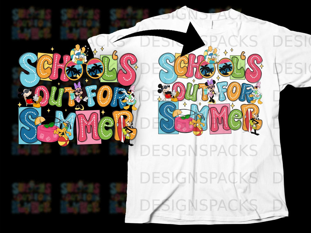 Mickey Mouse characters on a shirt with "School's Out For Summer" text.
