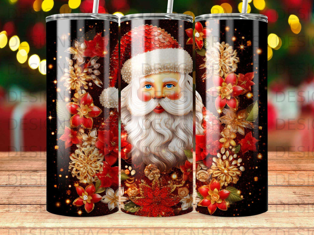 Santa Claus face on a festive red and gold floral tumbler.