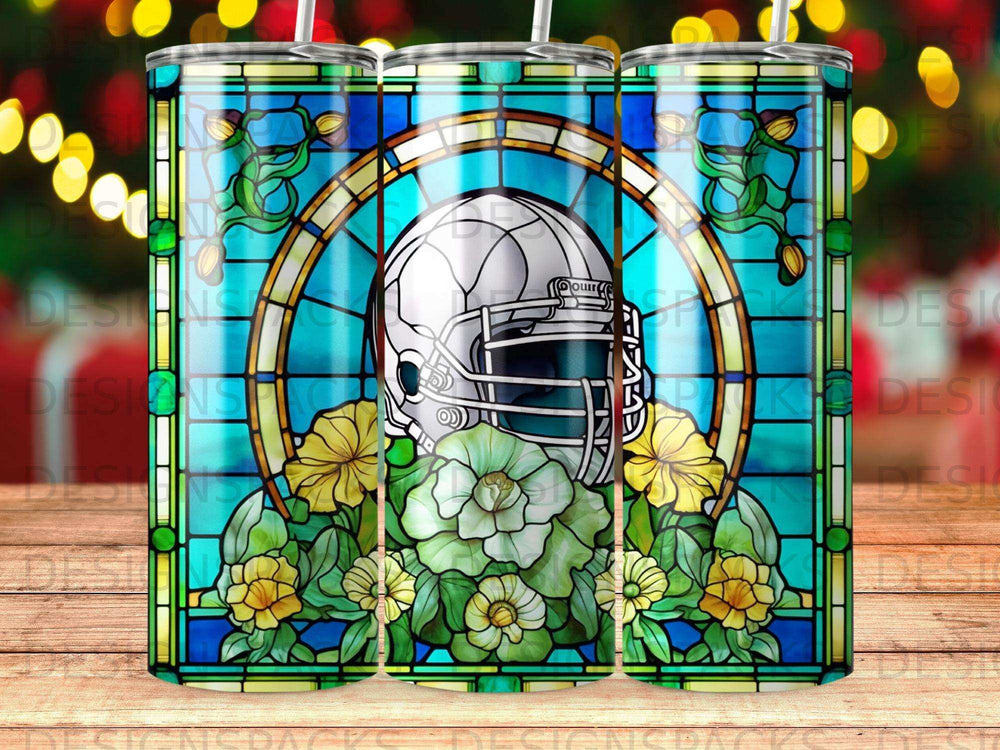 Football helmet within a stained glass window with floral accents.