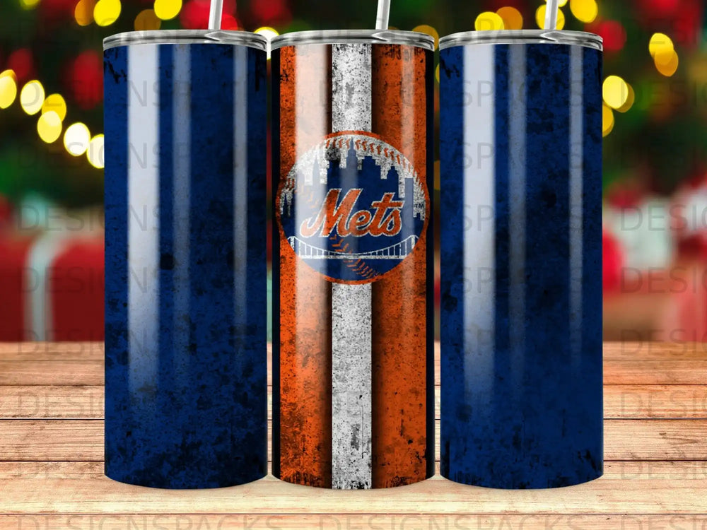 New York Mets logo on a distressed blue and orange striped tumbler.