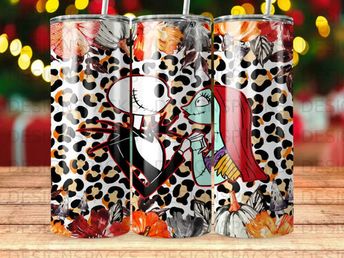 Jack Skellington and Sally from The Nightmare Before Christmas on a leopard print tumbler.