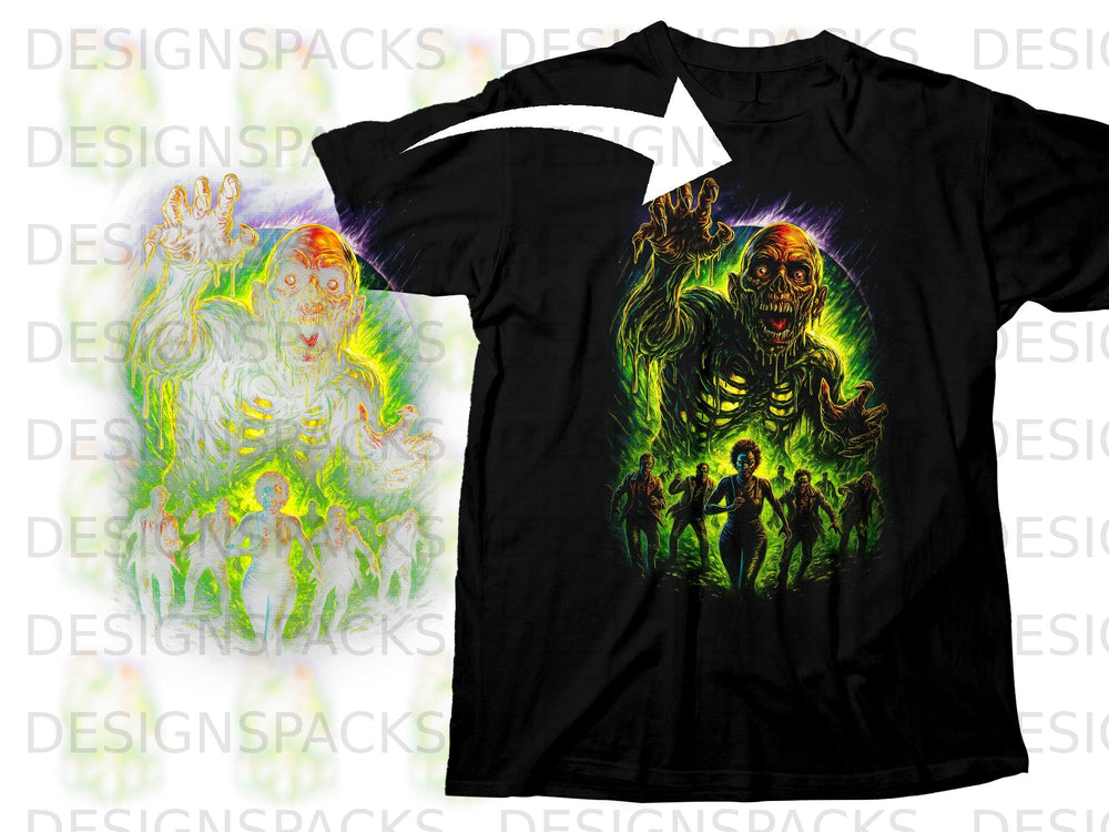 Black t-shirt with a graphic of a zombie horde and a looming zombie.