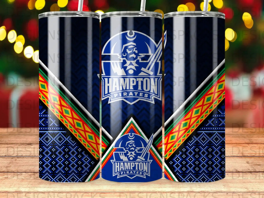 Hampton Pirates logo and team name on a patterned blue tumbler.