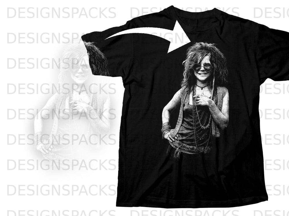 Black t-shirt with a sketch of Janis Joplin and a white arrow graphic.
