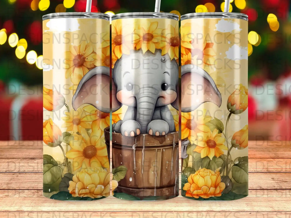 Cute baby elephant peeking from a wooden bucket surrounded by sunflowers.