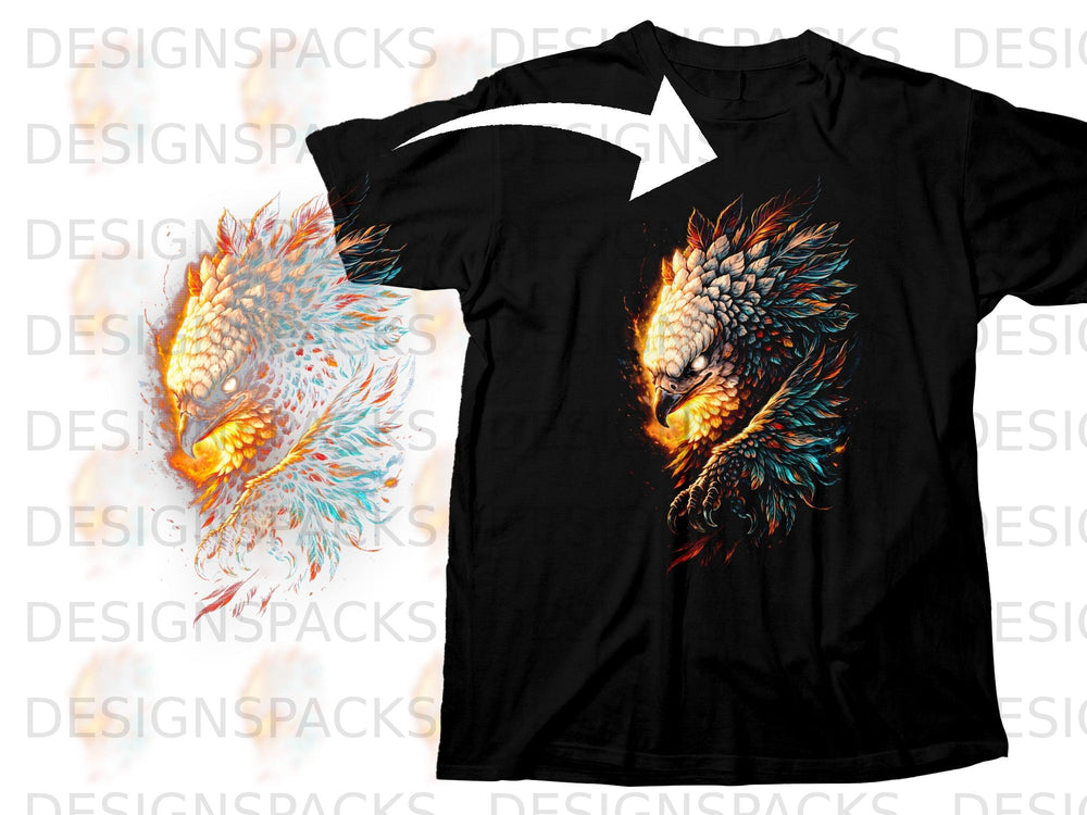 Black t-shirt with a vibrant fiery eagle graphic on the chest.