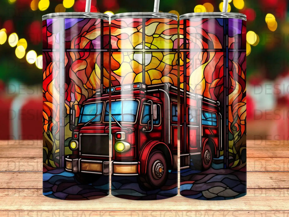 Fire truck with stained glass flames on a tumbler wrap.