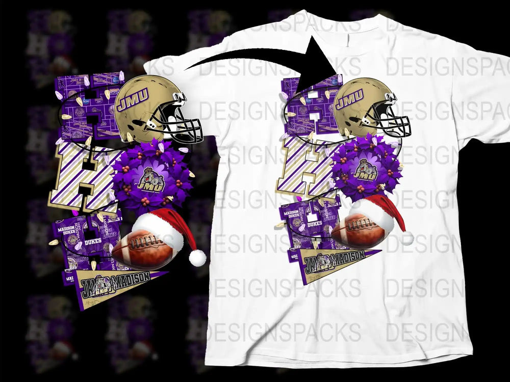 JMU Football Helmet Design T-Shirt, Purple and Gold Graphic Tee, Floral Sports Fan Apparel, Unique College Gear