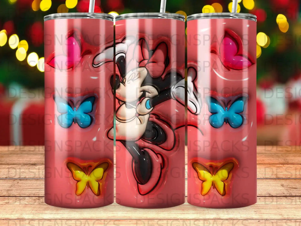 Minnie Mouse with pink butterflies and bows on a tumbler.