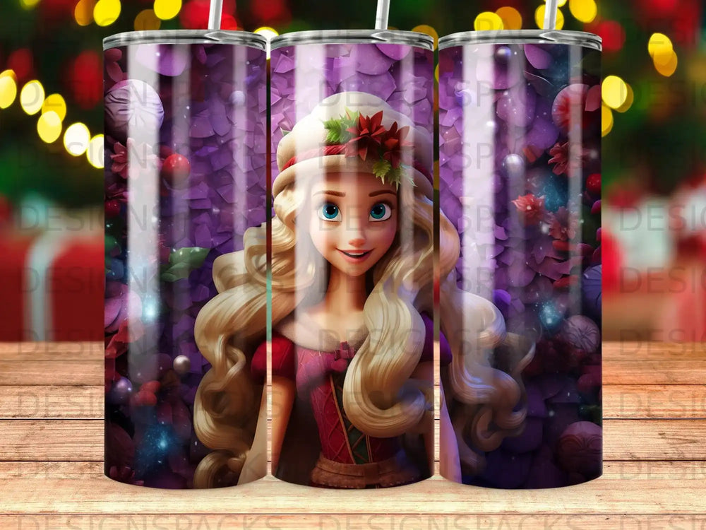 Cartoon girl with blonde hair wearing a red dress surrounded by purple flowers.