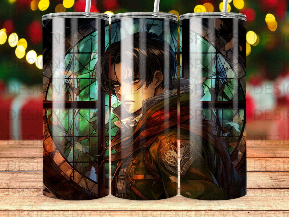Anime character Levi Ackerman with a stained glass background and military uniform.