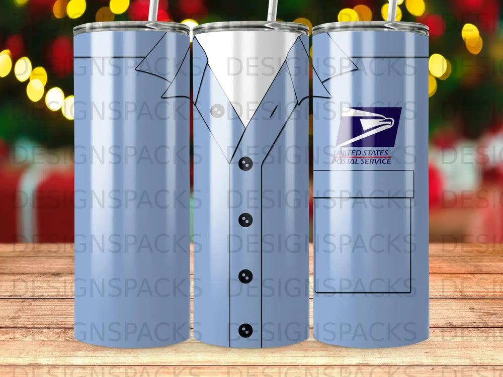 Tumbler with United States Postal Service logo and blue striped pattern.