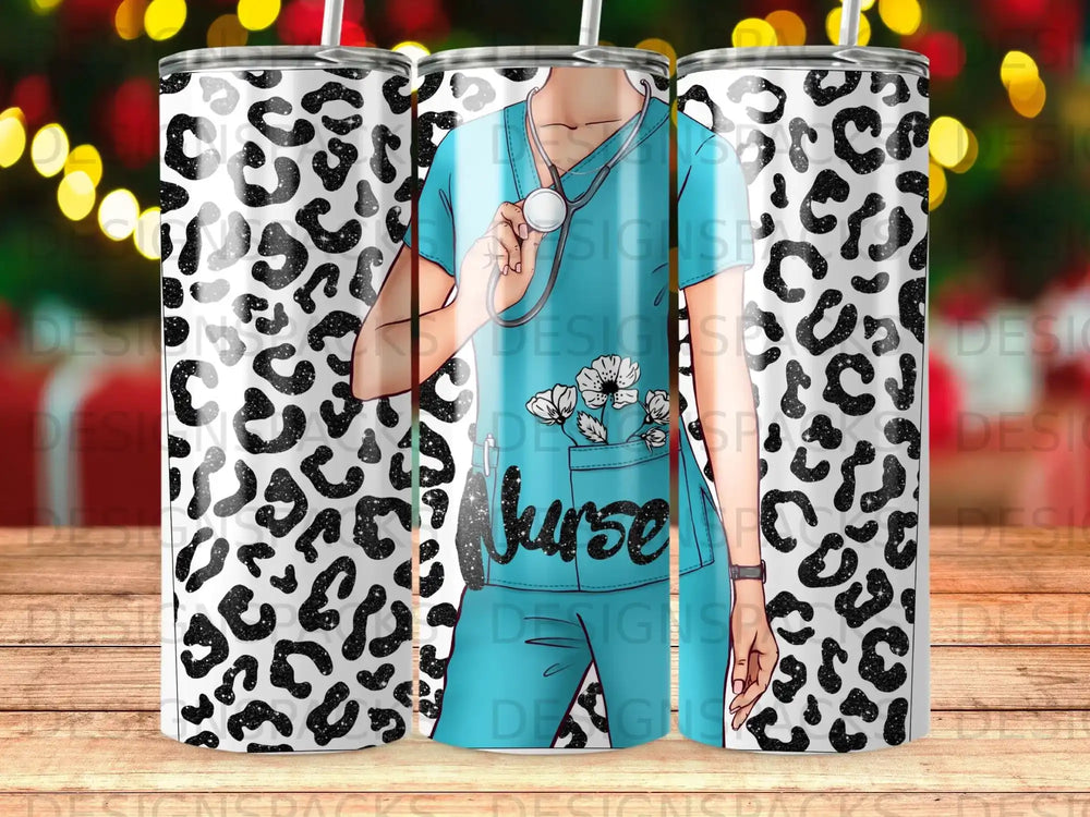 Nurse graphic on leopard print tumbler with stethoscope and pocket detail.