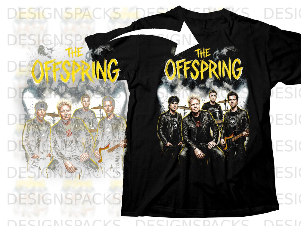 The Offspring band members in a dynamic illustration with yellow band logo on black t-shirt.