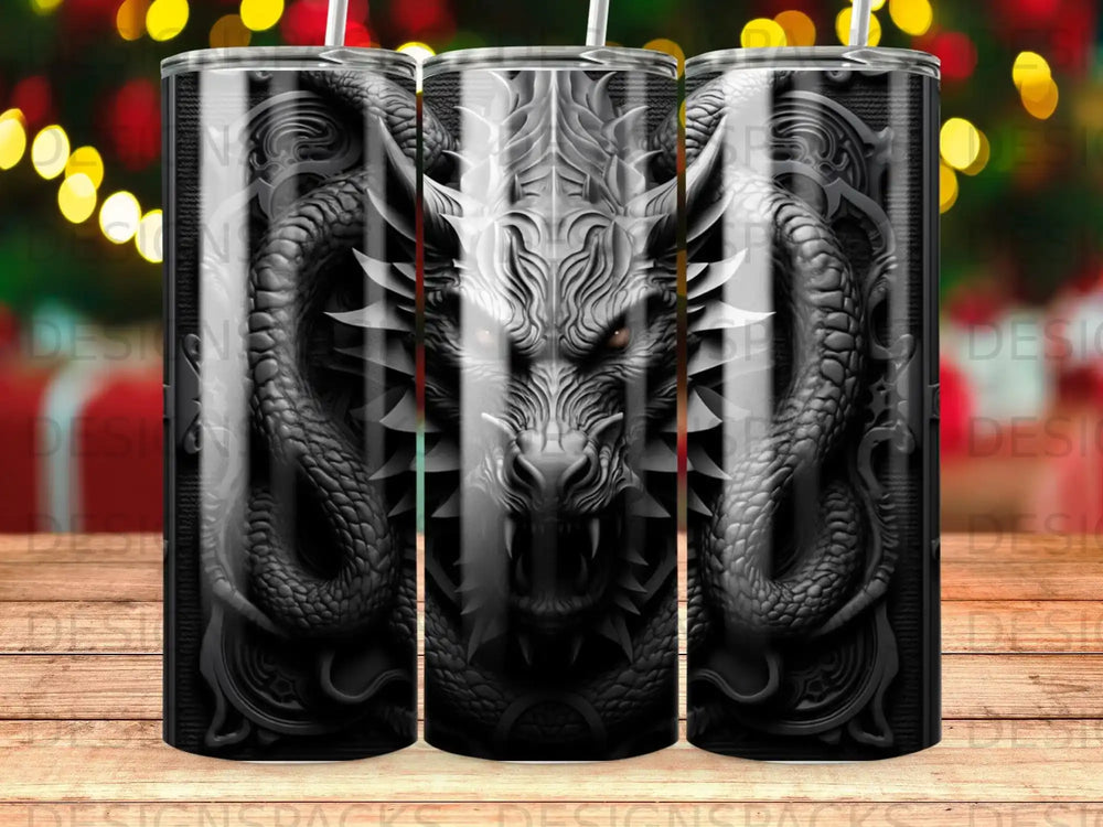 Black and gray dragon head with red eyes on a tumbler.