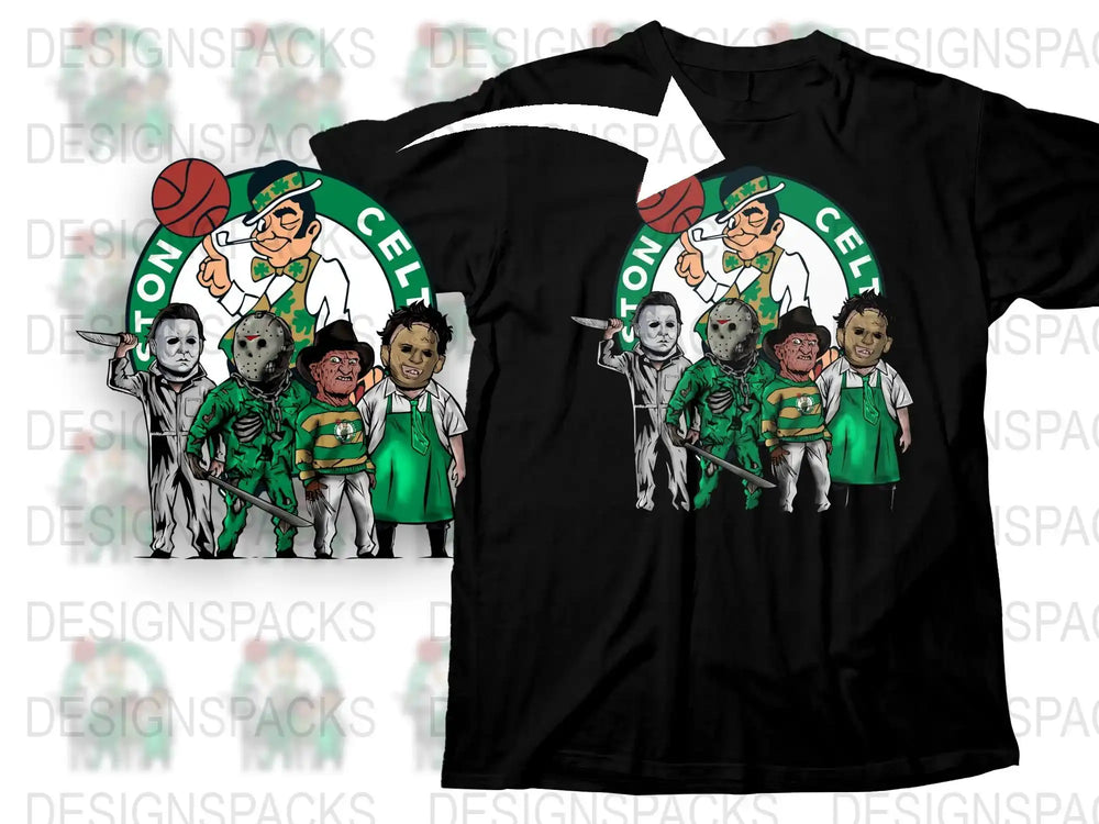 Cartoon Horror Characters Basketball Team Crossover T-Shirt, Spooky Sports Fan Apparel